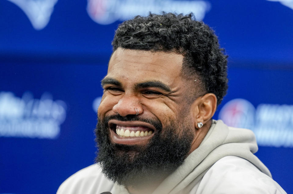 New England Patriots Ezekiel Elliott attends a press conference in Frankfurt, Germany, Friday, Nov. 10, 2023. The New England Patriots will play against the Indiana Colts in a NFL game on Sunday. (AP Photo/Michael Probst)