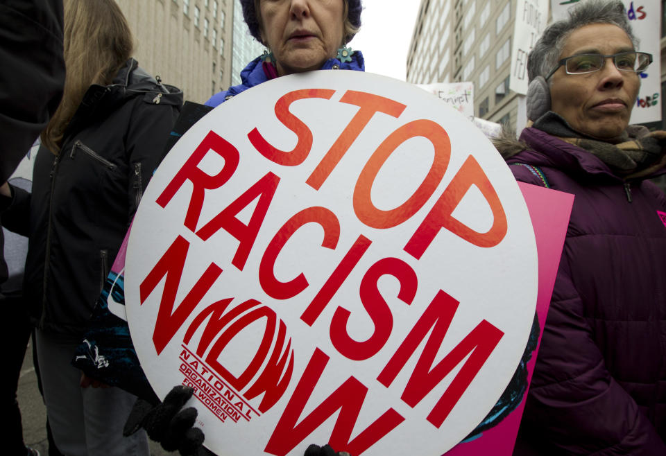 Demonstrators hold up their banners as they march, during the Women’s March in Washington on Saturday, Jan. 19, 2019. (Photo: Jose Luis Magana/AP)