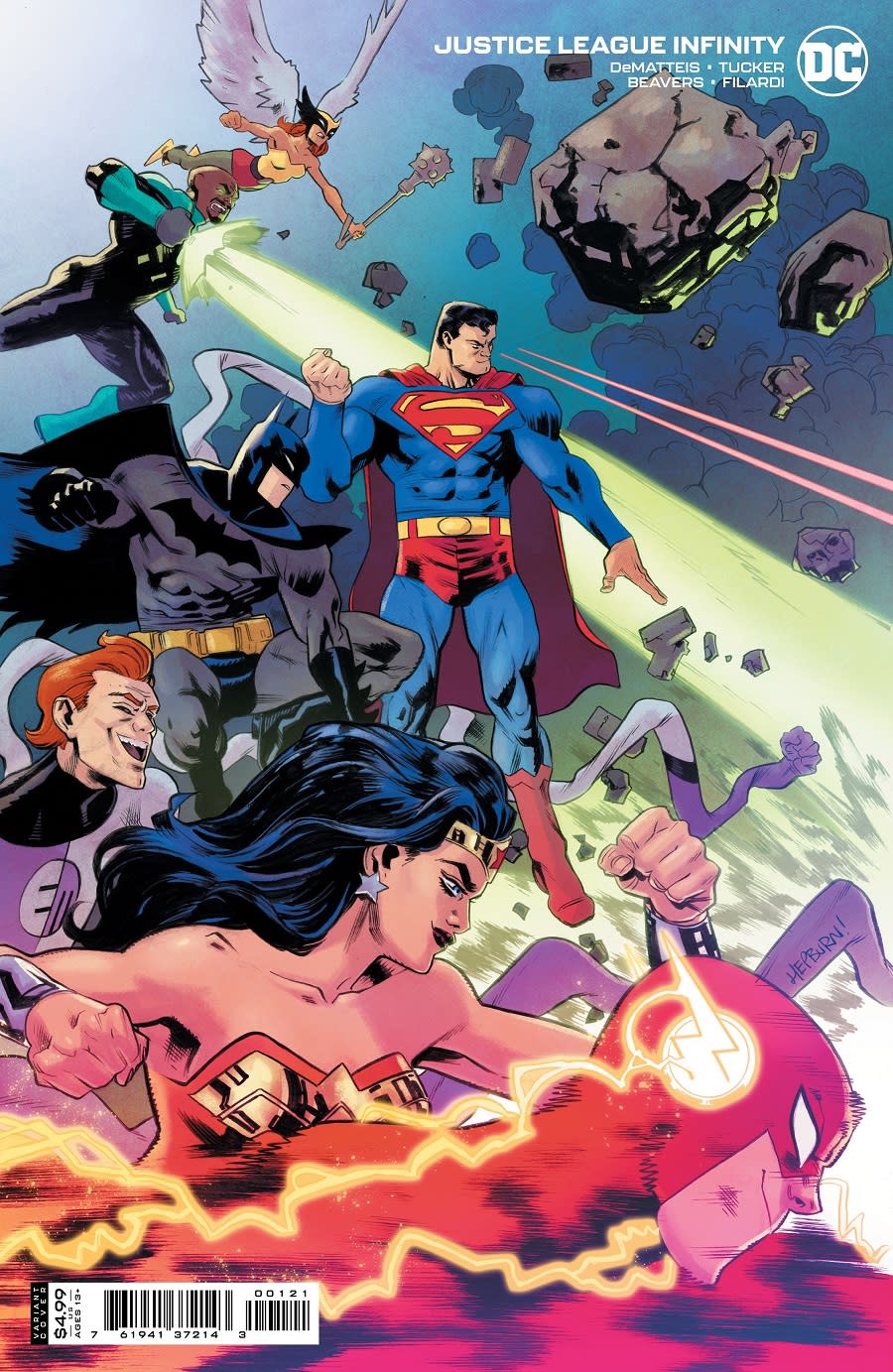 The variant cover for Justice League Infinity shows the team joined by the Elongated Man.