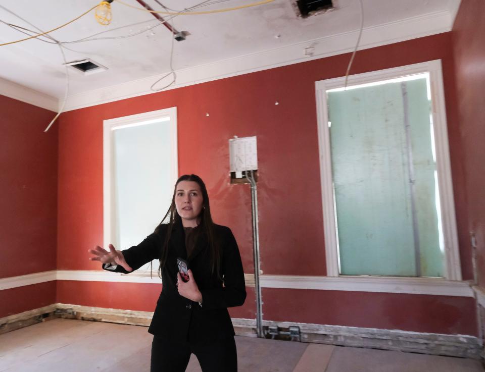 Members of the news media are given a tour of the renovations underway at the University Club Friday, Nov. 3, 2023. University of Alabama student Samantha Lockett gives the tour.