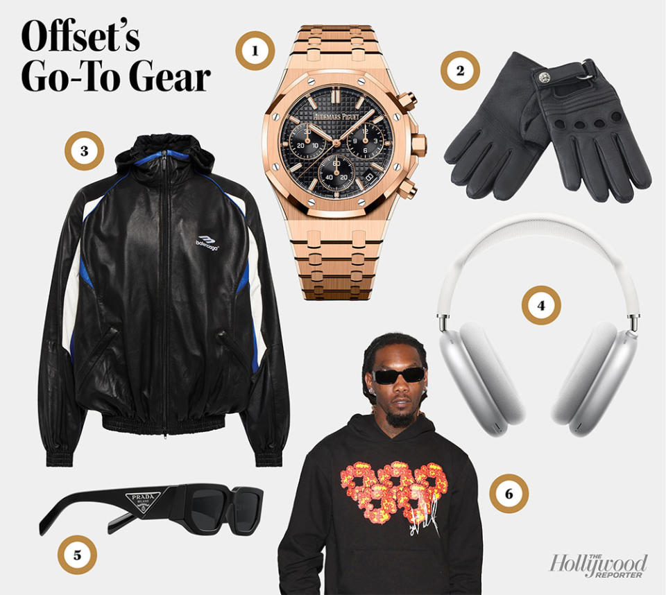 1 Offset’s everyday watch is Audemars Piguet’s Royal Oak Self-Winding Chronograph in rose gold; $75,900, Audemars Piguet Beverly Hills. 2 Chrome Hearts Ultra Violence leather gloves $1,485, Chrome Hearts, Los Angeles 3 Balenciaga’s fall offerings include this sheepskin leather hoodie $6,350, mytheresa.com 4 He’s a fan of Apple Airpods Max headphones $549, apple.com 5 The star prefers sunglasses with thin profiles, including styles by Prada. The brand’s shades with slate gray lenses and triangle logo are $530 at prada.com 6 Offset wore his just released Offset Tears hoodie Oct. 12; $150, preorder at shop.offsetofficial.com