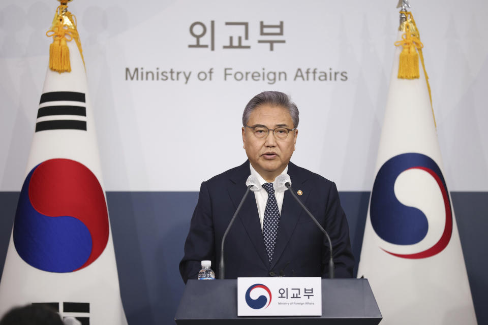 South Korean Foreign Minister Park Jin speaks during a briefing announcing a plan to resolve a dispute over compensating people forced to work under Japan's 1910-1945 occupation of Korea, at the Foreign Ministry in Seoul, South Korea Monday, March 6, 2023. South Korea on Monday announced a contentious plan to raise local civilian funds to compensate Koreans who won damages in lawsuits against Japanese companies that enslaved them during World War II. (Kim Hong-Ji/Pool Photo via AP)