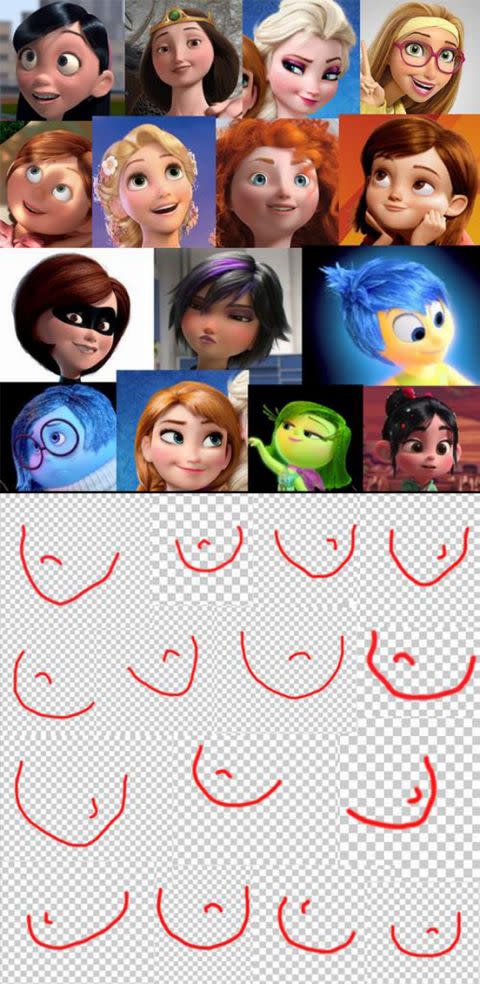 Tumblr user Alex noticed that all female Disney characters seem to have the same basic face shape. Photo: Walt Disney / Tumblr