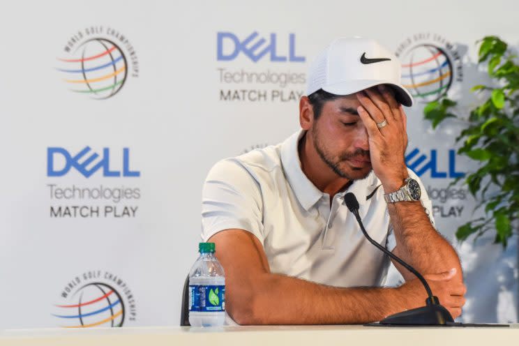 Jason Day gets emotional as he speaks to the media about his mom’s cancer after withdrawing from the World Golf Championships. (PGA TOUR)