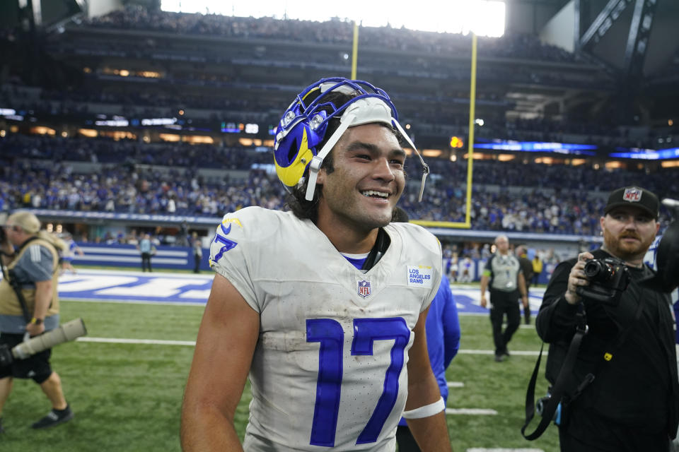 Los Angeles Rams wide receiver Puka Nacua celebrates after the Rams defeated the Indianapolis Colts 29-23 in an NFL football game, Sunday, Oct. 1, 2023, in Indianapolis. (AP Photo/Michael Conroy)