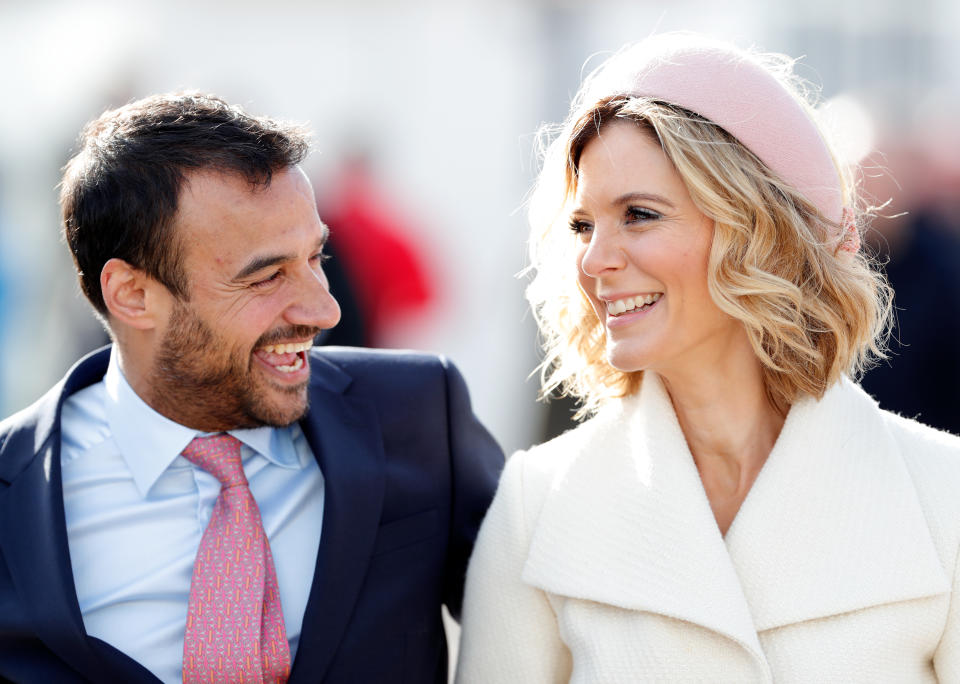 CHELTENHAM, UNITED KINGDOM - MARCH 12: (EMBARGOED FOR PUBLICATION IN UK NEWSPAPERS UNTIL 24 HOURS AFTER CREATE DATE AND TIME) Luc Chaudhary and Emilia Fox attend day 3 'St Patrick's Thursday' of the Cheltenham Festival 2020 at Cheltenham Racecourse on March 12, 2020 in Cheltenham, England. (Photo by Max Mumby/Indigo/Getty Images)