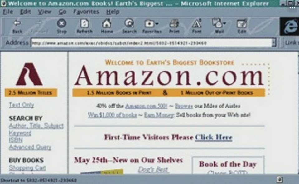 Early Amazon.com webpage showing the tagline "Earth's Biggest Bookstore" and navigation options like "Books in Print" and "Out of Print Books."