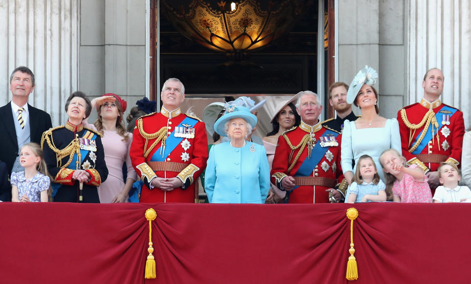 <p>The Royal Family watch the annual Trooping the Colour parade from the balcony of Buckingham Palace (Getty) </p>