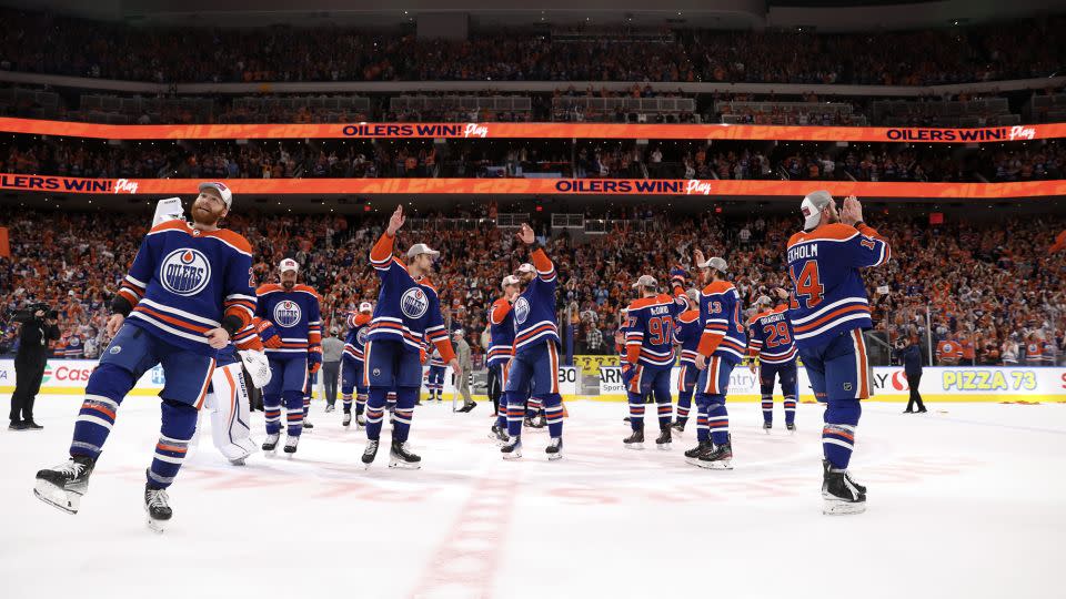 Oilers players celebrate their victory in game six of the Western Conference Finals. - Codie McLachlan/Getty Images