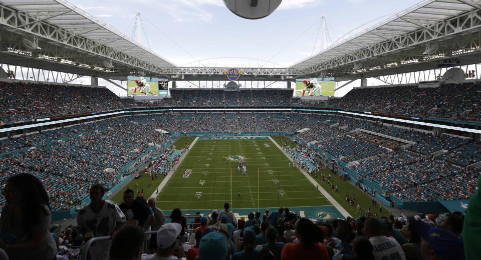 FILE - Hard Rock Stadium is seen during the second half of an NFL football game between the Miami Dolphins and the Cleveland Browns, Sunday, Sept. 25, 2016, in Miami Gardens, Fla. There are 23 venues bidding to host soccer matches at the 2026 World Cup in the United States, Mexico and Canada. (AP Photo/Lynne Sladky, File)