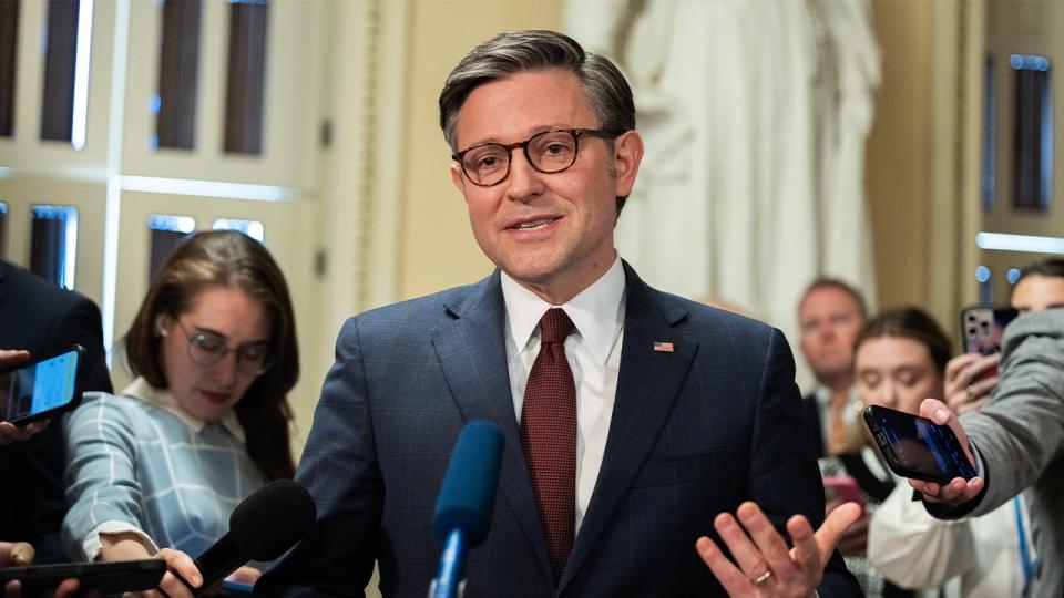 Speaker Mike Johnson, R-La., speaks to the media after the House of Representatives passed bills for aid to Ukraine and Israel on April 20, 2024.