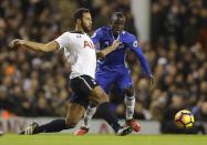<p>Tottenham’s Mousa Dembele, left, challenges for the ball with Chelsea’s N’Golo Kante during the English Premier League soccer match between Tottenham Hotspur and Chelsea at White Hart Lane stadium in London, Wednesday, Jan. 4, 2017. (AP Photo/Alastair Grant) </p>