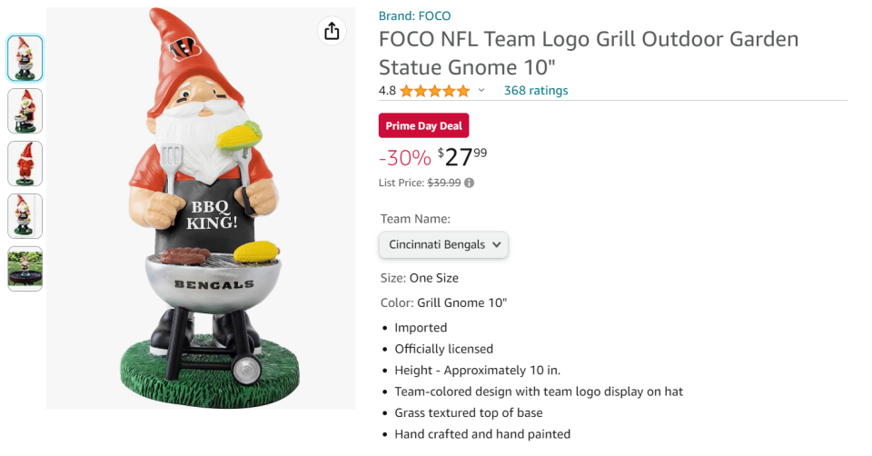 Hand crafted and hand painted, this quirky Bengals-themed garden statue is currently $12 off during Amazon Prime Day.