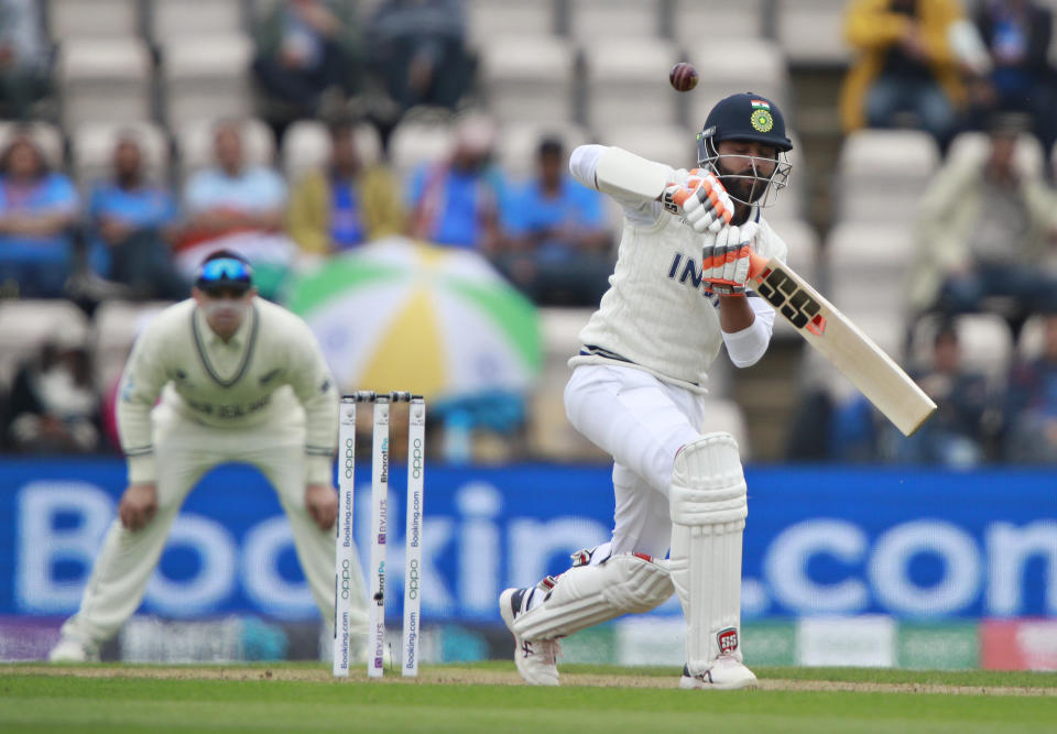 India's Ravindra Jadeja bats during the third day of the World Test Championship final cricket match between New Zealand and India, at the Rose Bowl in Southampton, England, Sunday, June 20, 2021. (AP Photo/Ian Walton)