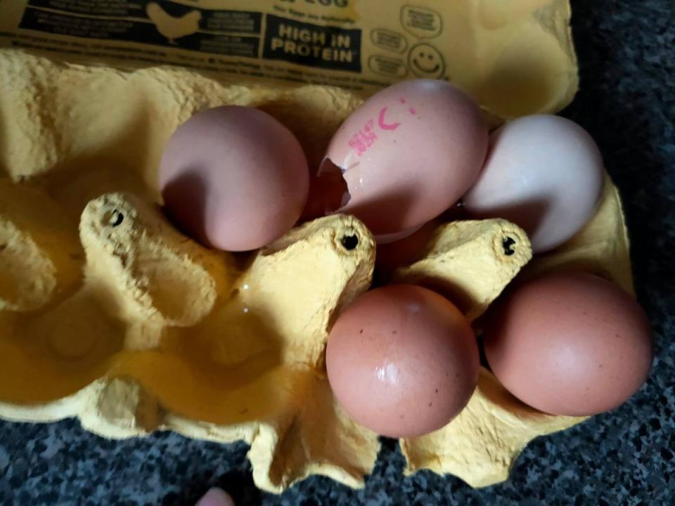 Broken eggs in carton from Woolworths.