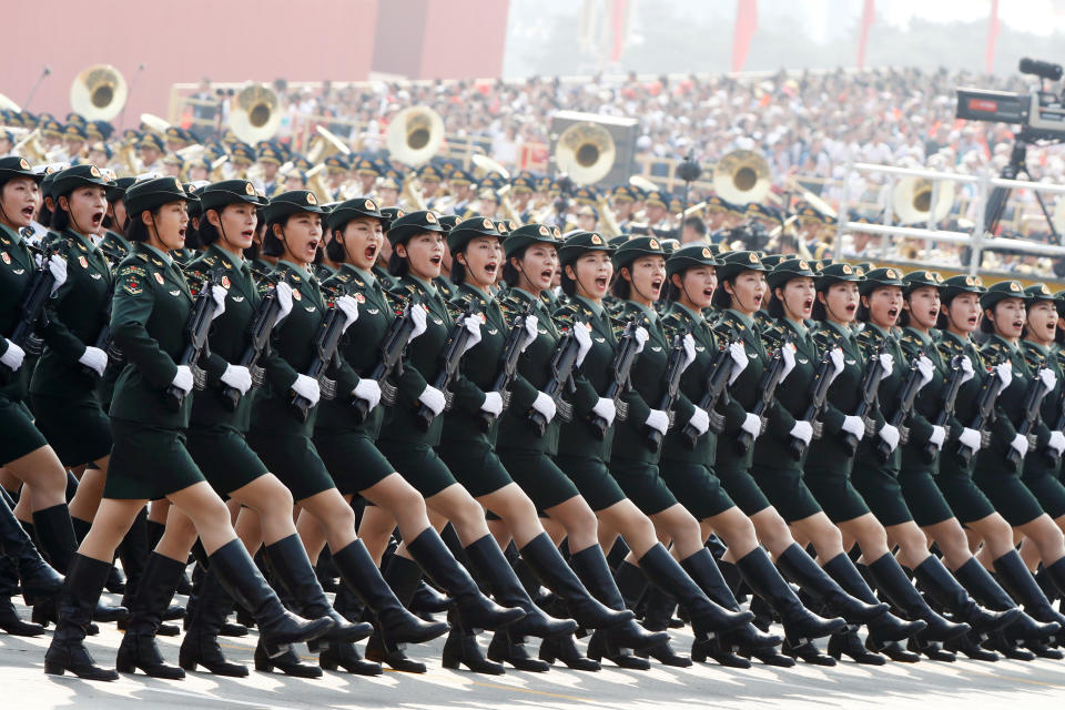 Soldiers of People's Liberation Army (PLA) march in formation during the military parade marking the 70th founding anniversary of People's Republic of China, on its National Day in Beijing, China October 1, 2019.  (Photo: Thomas Peter/Reuters)