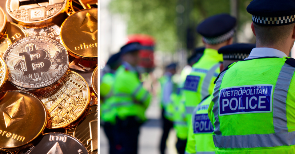 UK Metropolitan police officers standing together in the city and a representation of different crypto coins