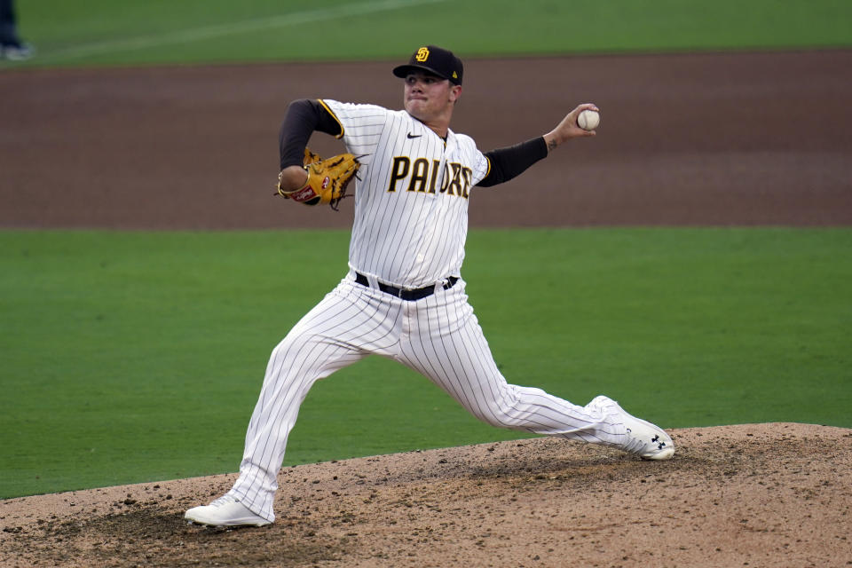 San Diego Padres relief pitcher Adrian Morejon works against a St. Louis Cardinals batter during the fourth inning of Game 3 of a National League wild-card baseball series Friday, Oct. 2, 2020, in San Diego. (AP Photo/Gregory Bull)