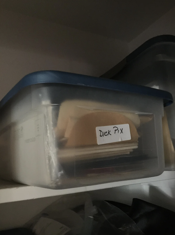 A storage container labeled "Dick Pix" is placed on a shelf