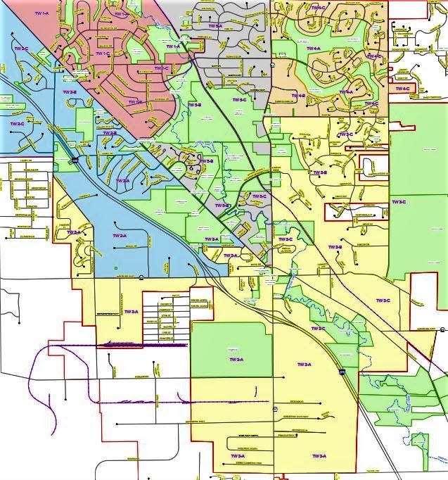 This is Twinsburg’s current ward map. The populated area of Ward 1 is shown in red at upper left, Ward 2 in blue, Ward 3 in yellow, Ward 4 in orange and Ward 5 in gray. Green indicates non-populated areas such as parks and city and school properties.