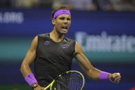 Rafael Nadal, of Spain, reacts after scoring a point against Matteo Berrettini, of Italy, during the men's singles semifinals of the U.S. Open tennis championships Friday, Sept. 6, 2019, in New York. (AP Photo/Charles Krupa)
