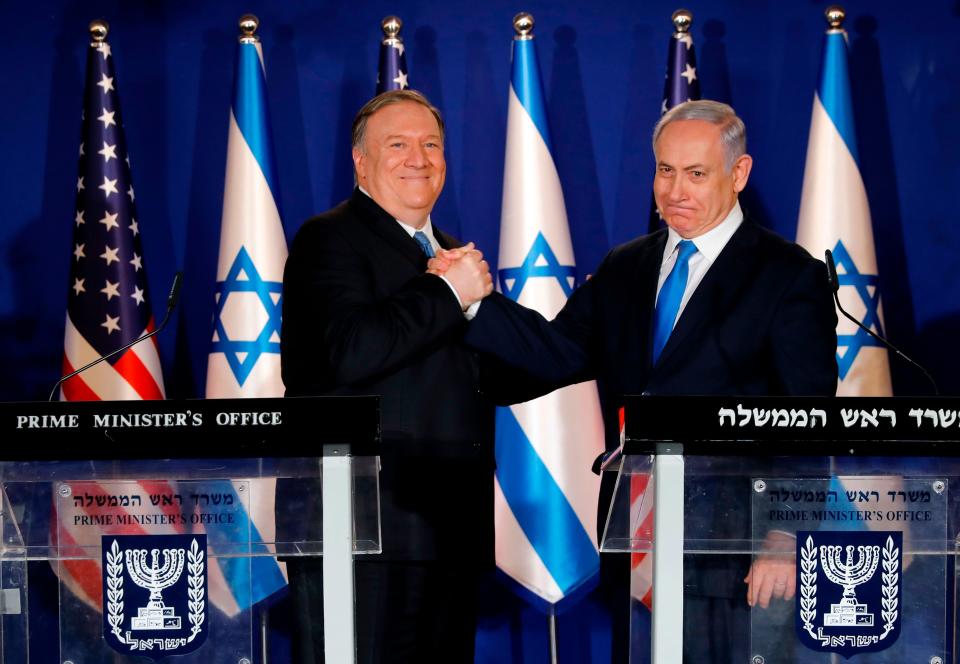 Israeli Prime Minister Benjamin Netanyahu welcomes Secretary of State Mike Pompeo to his residence in Jerusalem on March 21, 2019.