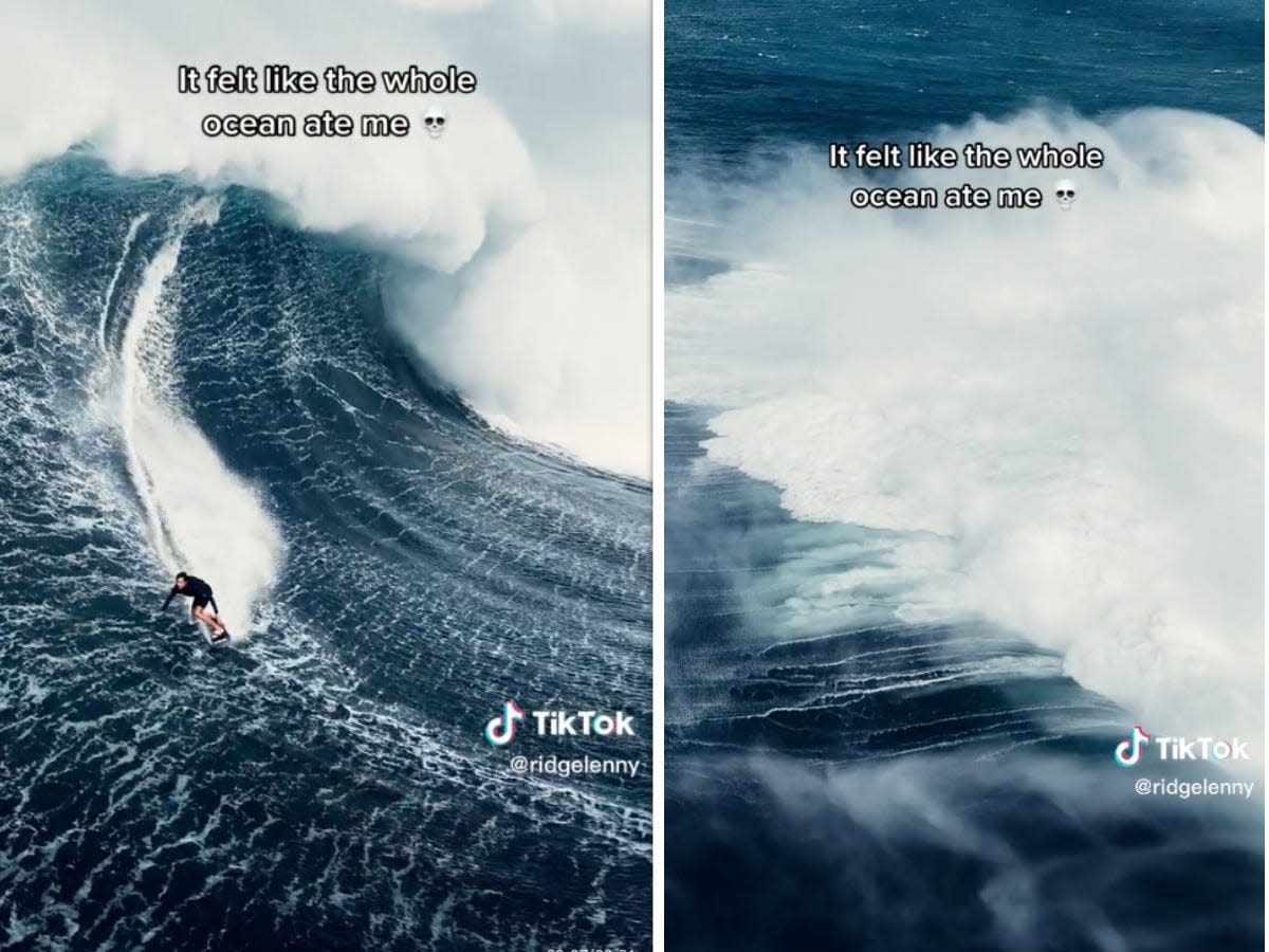 composite image of screenshots from TikTok of a giant wave and a person surfing it