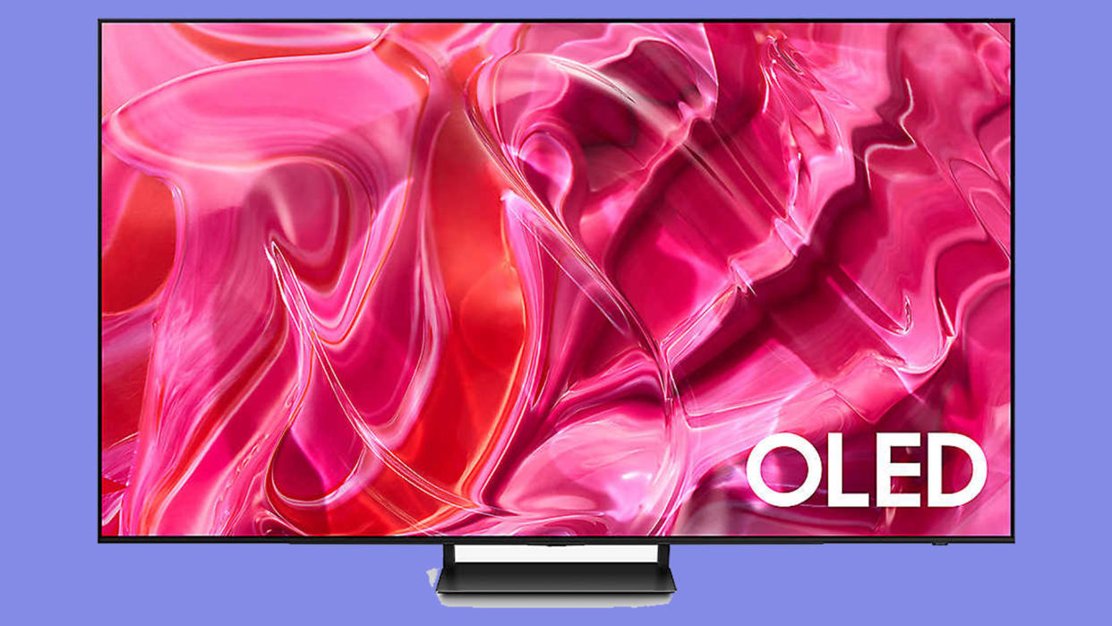  Samsung S90C OLED 4K TV on a blue background 