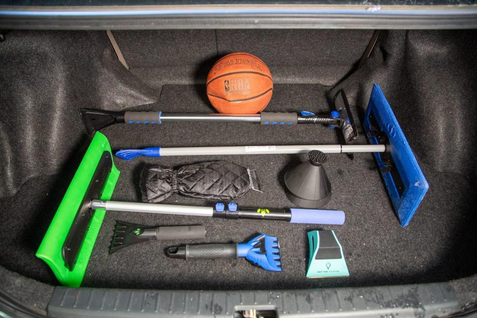 ice scrapers and snow brushes tested in trunk basketball