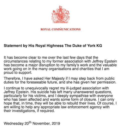 The statement from the Palace - Credit: Royal Communications