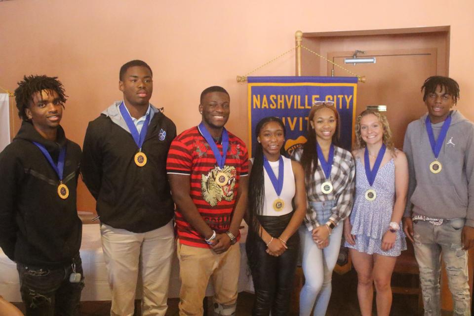 The seven recipients of the 2023 Nipper/Hancock Basketball Sportsmanship award includes (left to right), Hillwood's Josiah Owen-Beason, Goodpasture's Xavier Robinson, Hillsboro's Malachi Tate and Kamil Washum, East Nasvhille's Kenya-Seoul Fairs, Nashville Christian's Grayson Bonds and East Nashville's Jacolby Summers.