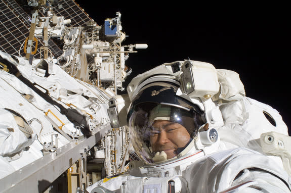 Japanese astronaut Akihiko Hoshide is pictured during a spacewalk on Sept. 5, 2012. During the six-hour, 28-minute spacewalk, Hoshide and NASA astronaut Sunita Williams (out of frame) fixed a critical station power unit and installed a camera o