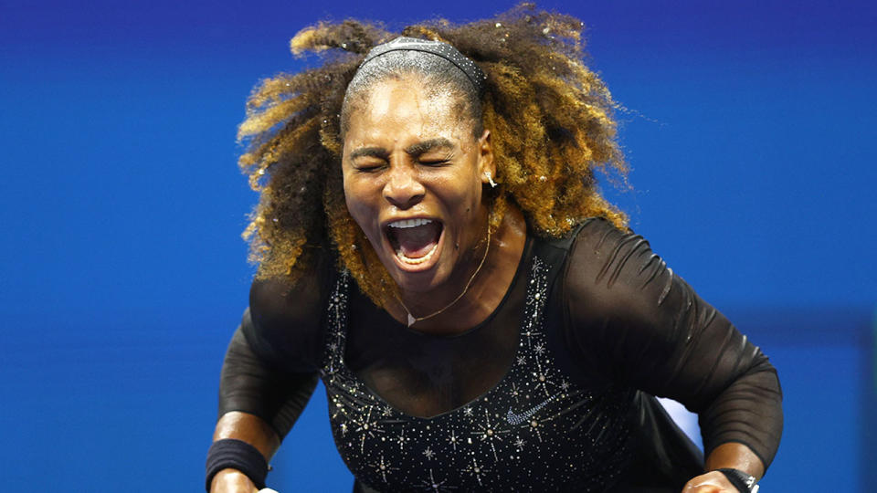 Serena Williams won an emotionally charged first round match at her farewell US Open grand slam. Pic: Getty