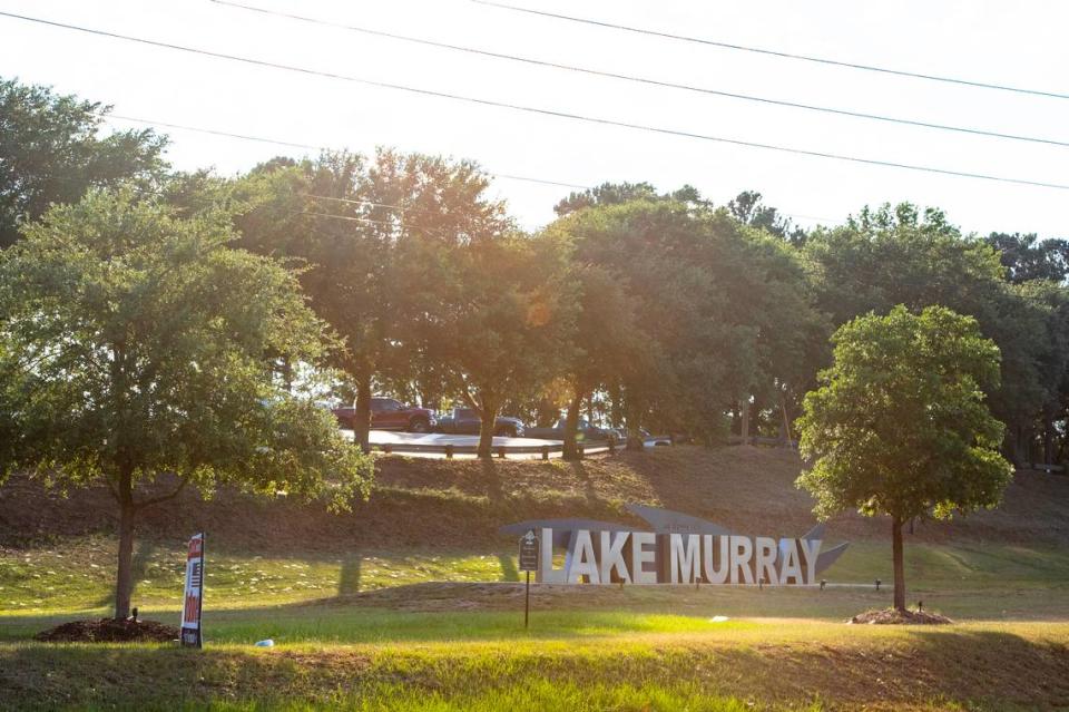 A sign welcoming visitors to Lake Murray near the recreation areas around the Dreher Shoals Dam from the air on Wednesday, June 26, 2024.