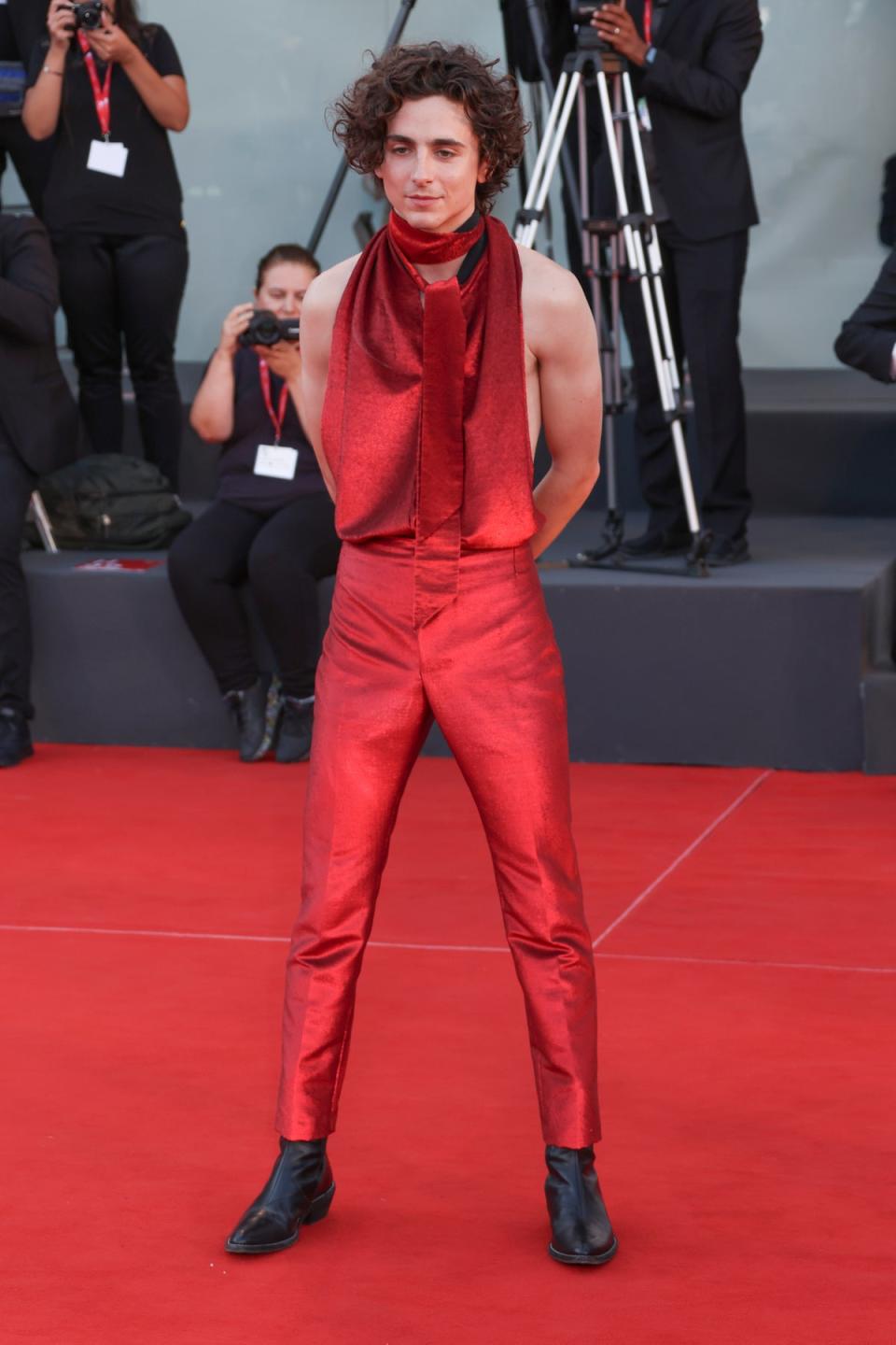 Timothee Chalamet dons red, backless jumpsuit for Venice Film Festival day three (Joel C Ryan/Invision/AP) (AP)