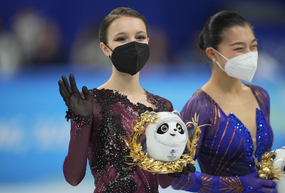 Anna Shcherbakova, pictured here celebrating after winning gold at the Winter Olympics.