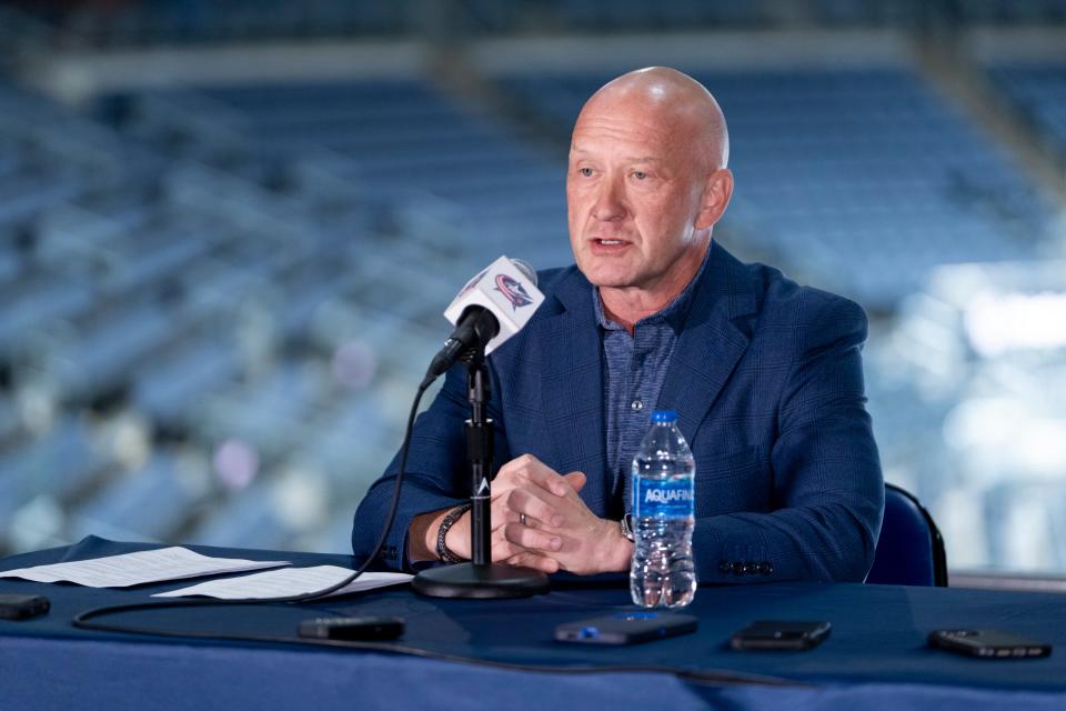 Sep 18, 2023; Columbus, Ohio, USA; General manager Jarmo Kekalainen talks about Mike Babcock’s resignation and the hiring of new head coach Pascal Vincent during the Columbus Blue Jackets media day prior to the start of training camp at Nationwide Arena.