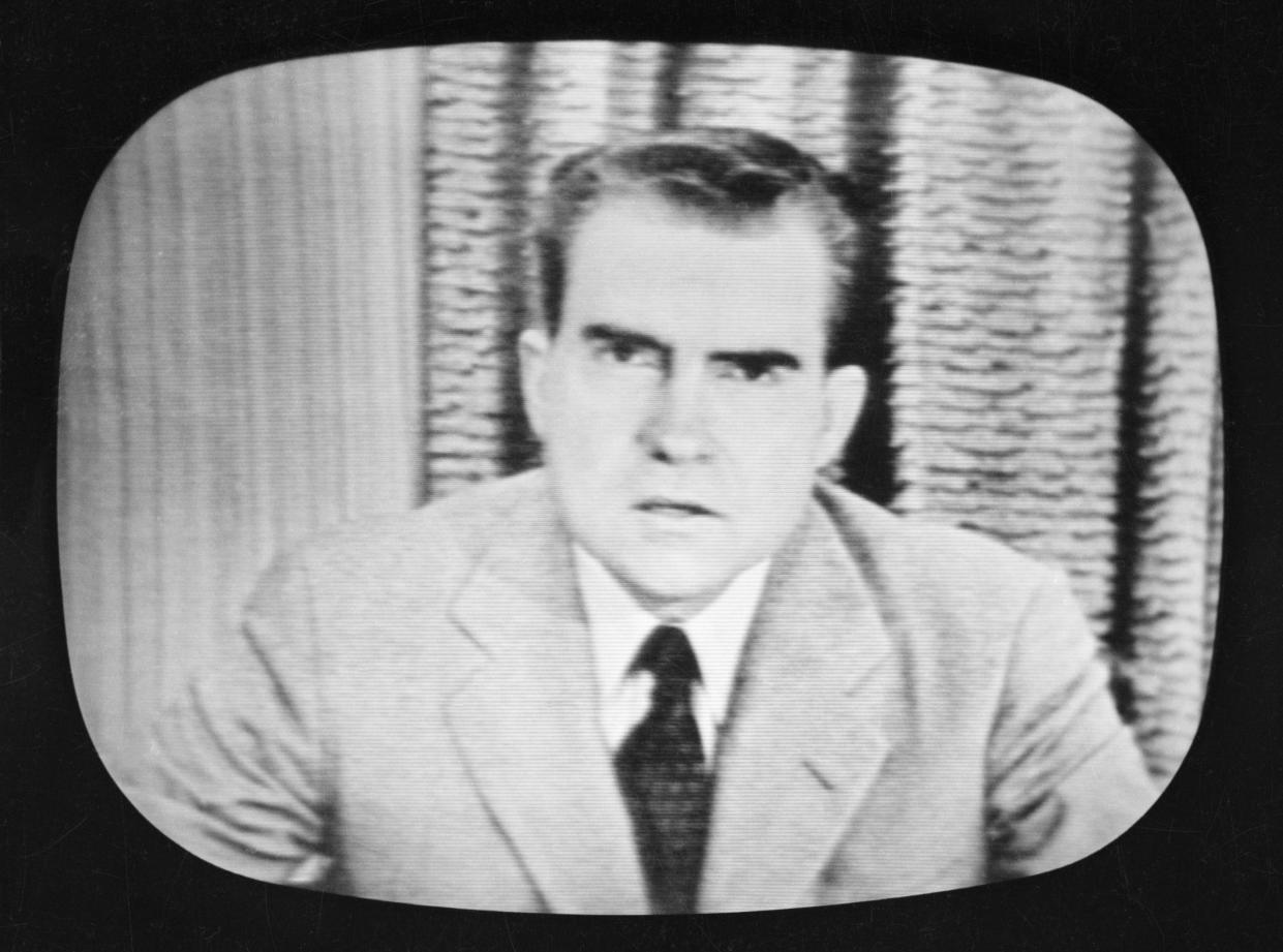 Nixon Delivering "Checkers" Speech.  California Senator Richard M. Nixon speaks to the nation on a coast-to-coast radio-television hookup.