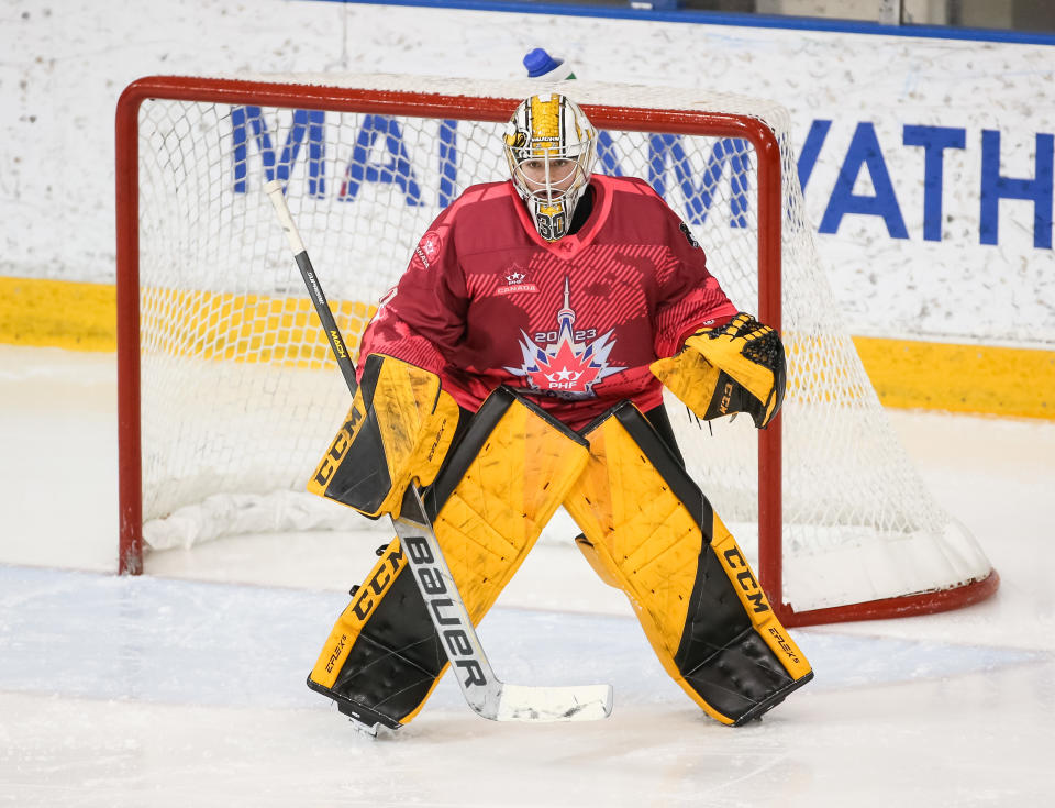 TORONTO, CANADA - JANUARY 29: Corinne Schroeder #30 of Team Canada skates during the Premier Hockey Federation 2023 All-Star Show Case at Mattamy Athletic Centre on January 29, 2023 in Toronto, Ontario, Canada. (Photo by Chris Tanouye/Getty Images)