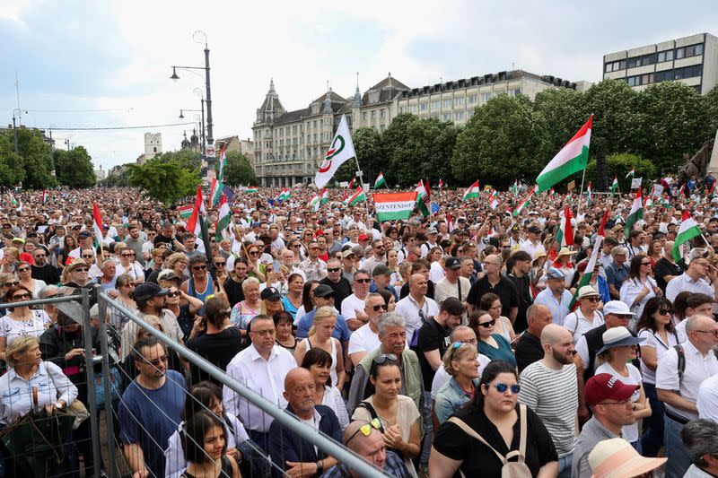 Hungarian opposition figure Peter Magyar holds an anti-government protest in Debrecen