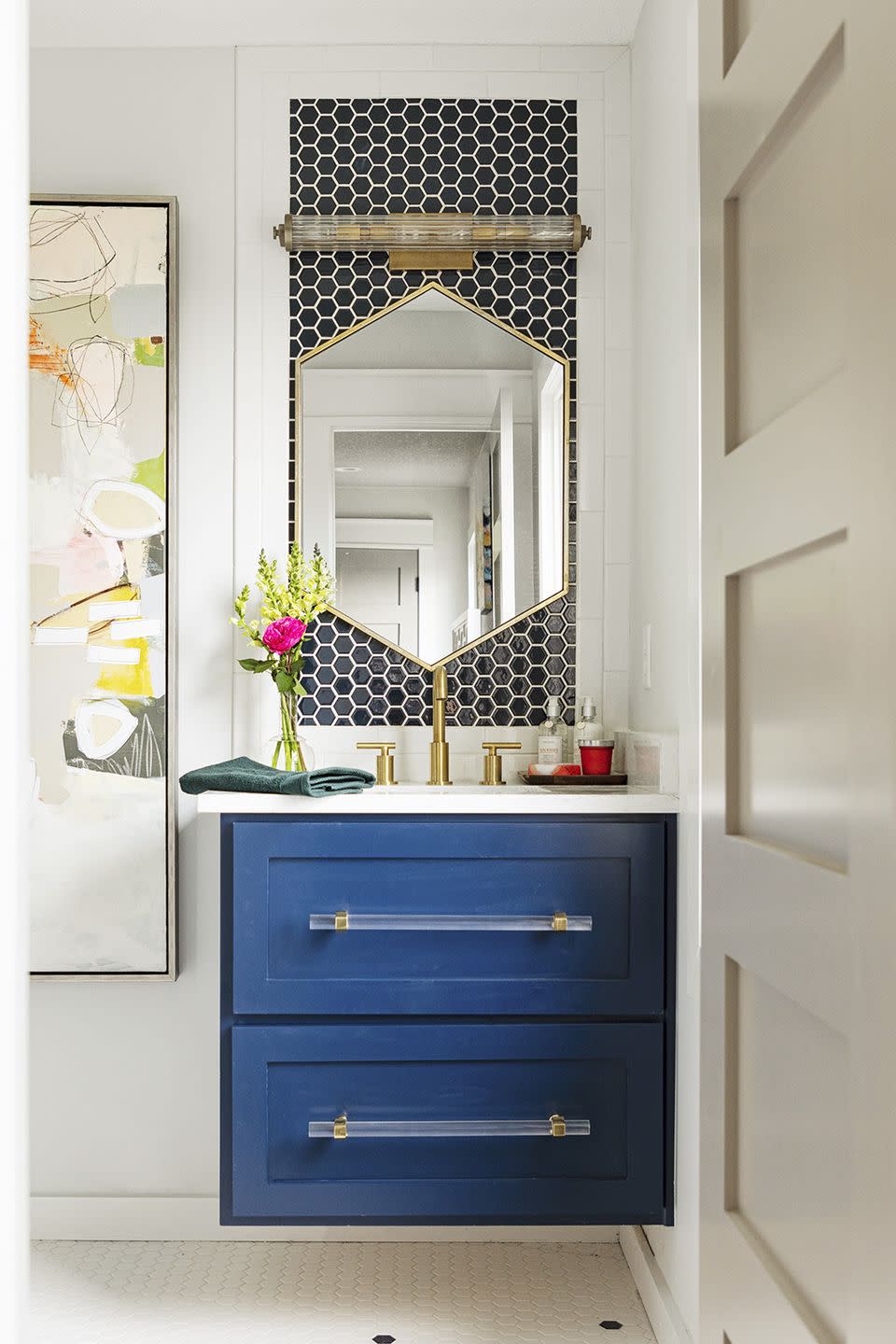 bathroom storage ideas, blue vanity with hexagon mirror
