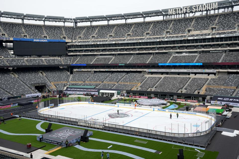 The Devils, Flyers, Rangers and Islanders will be playing at MetLife Stadium this weekend. A view here, Monday, February 12, 2024, shows the ice for the first time. Saturday will mark the first time an NHL game is played at the East Rutherford stadium.