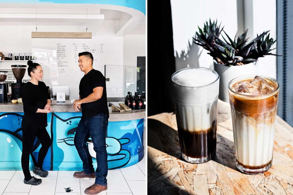 Two photos from Spl coffee in Los Angles, including a portrait of the owners and two iced coffee drinks in glasses