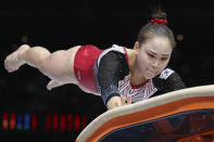 South Korea's Yeo Seojeong competes on the vault during the apparatus finals at the Artistic Gymnastics World Championships in Antwerp, Belgium, Saturday, Oct. 7, 2023. (AP Photo/Geert vanden Wijngaert)