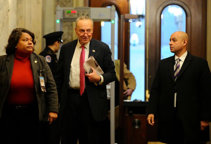 Senate Minority Leader Chuck Schumer (D-NY) arrives at the U.S. Capitol for the Senate impeachment trial of President Donald Trump in Washington