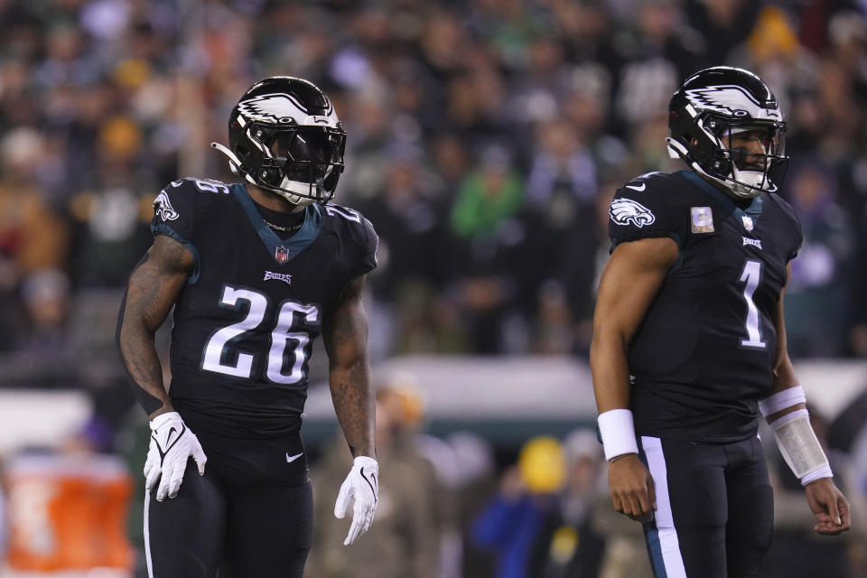 Miles Sanders and Jalen Hurts have scored 28 of the Philadelphia Eagles' 39 rushing touchdowns this season. (Photo by Mitchell Leff/Getty Images)