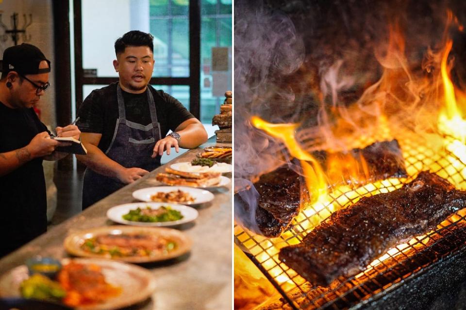 Explaining new dishes to the team (left), 100-day palm-fed skirt steak hitting the grill (right).