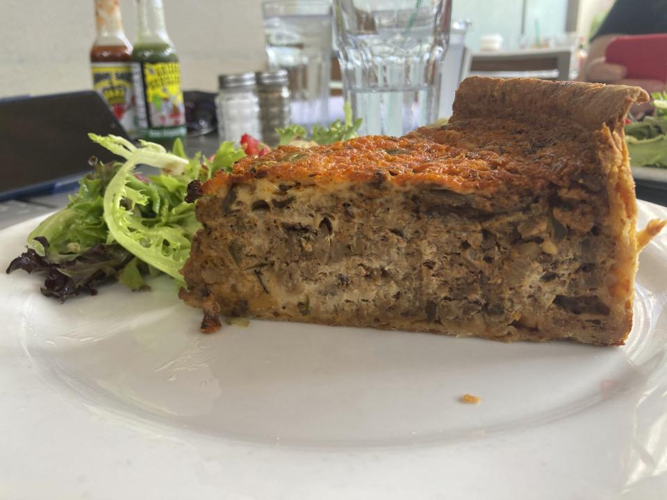 A quiche made with vegan mushroom chorizo is served at Cup Cafe inside Hotel Congress in Tucson, Arizona, on Saturday, Oct. 15, 2022. (AP Photo/Terry Tang)