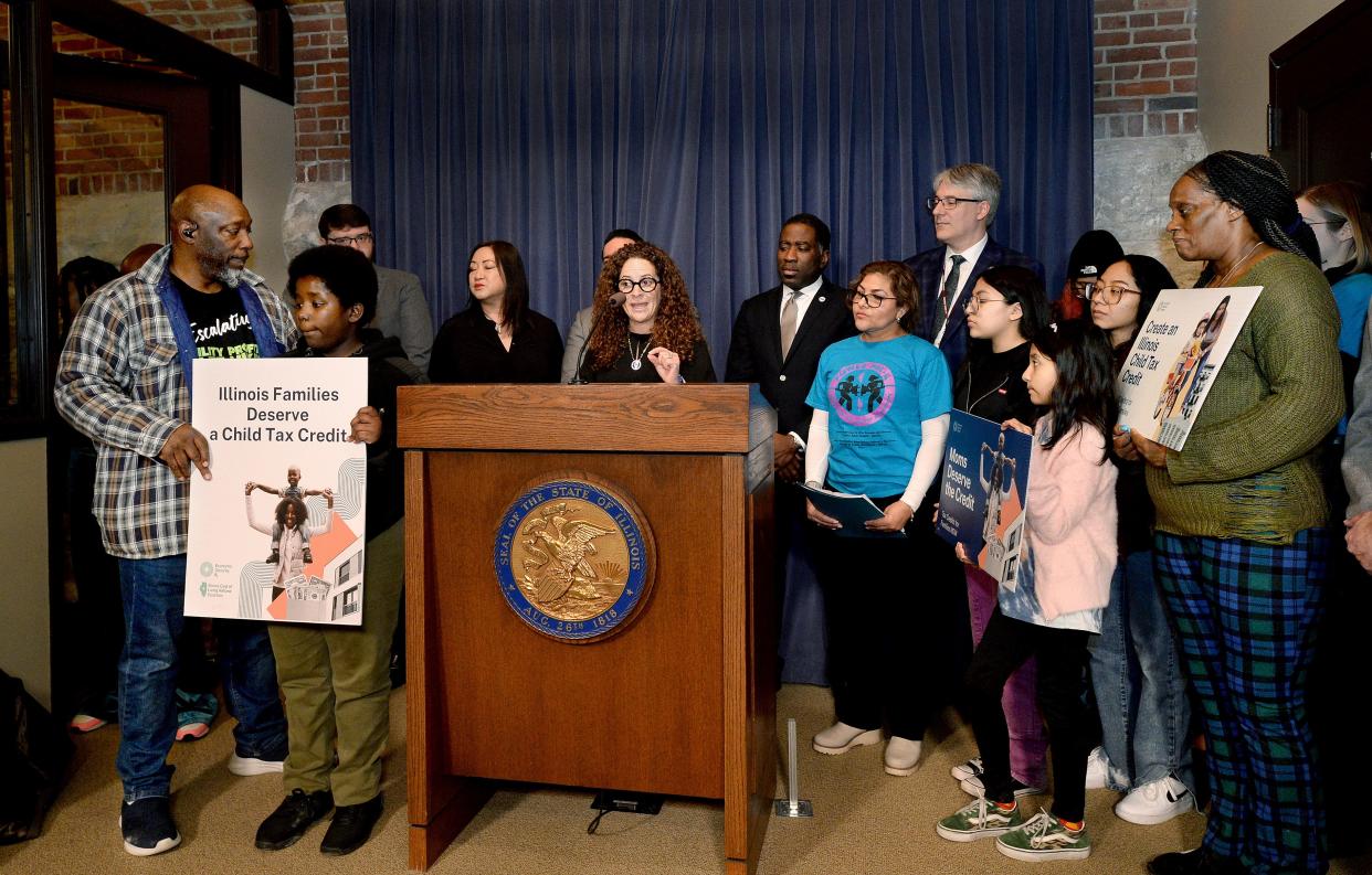Lawmakers and advocates express support for House Bill 4917, creating a $300 tax credit per child for eligible households, during a press conference on Wednesday, February 7, 2024.