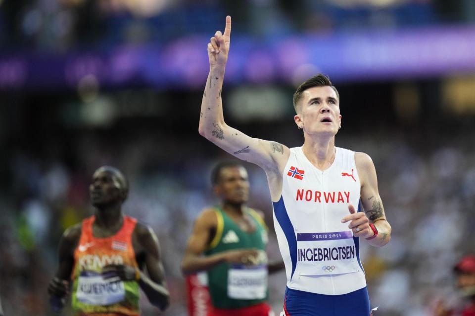 Jakob Ingebrigtsen of Norway wins the 5,000 meters at the Paris